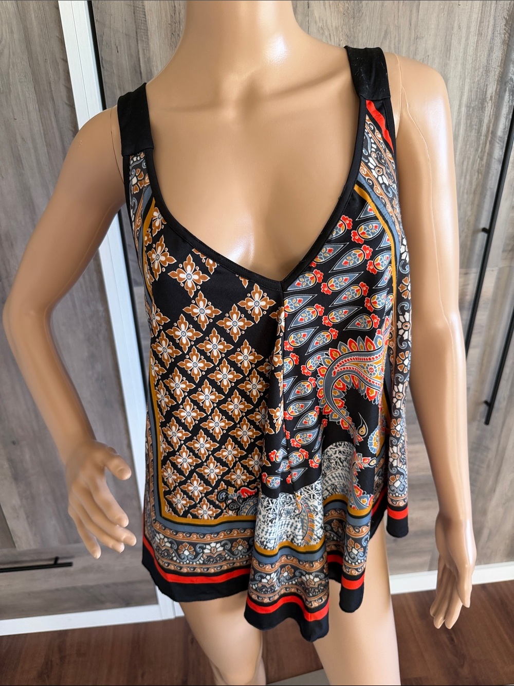 VENUS Black Paisley & Geometric Print Tank Top with Gold and Red Accents